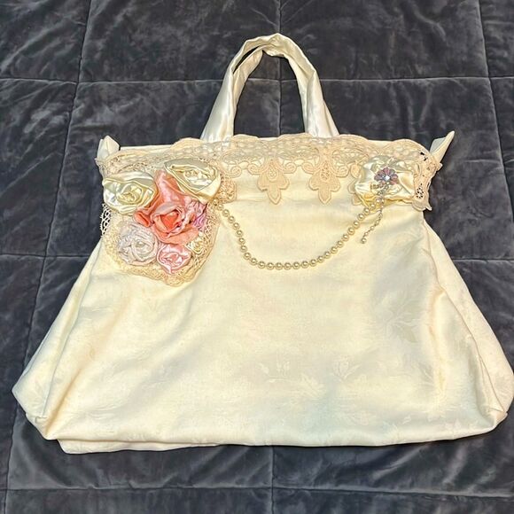 Handmade Victorian Lace Floral Embellished Bag Wedding Shabby Chic Art to Wear